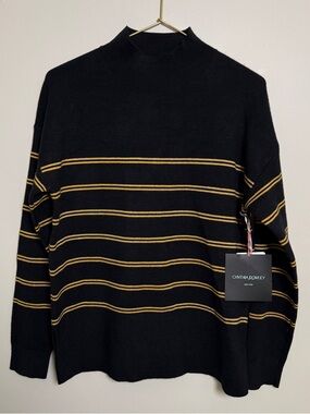 Cynthia Rowley Black Gold Stripe Mock Neck Sweater Long Sleeve XS Side Slits